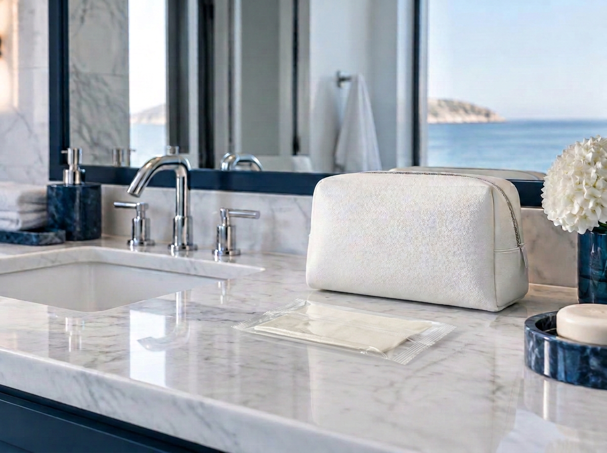 A wrapped LOOFOFF cloth on a bathroom counter